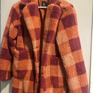 Art Class Checkered Teddy Jacket in Orange and Purple